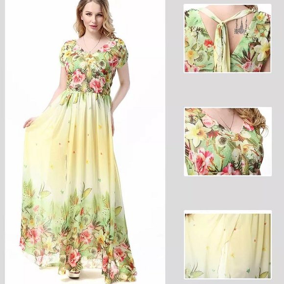 Floral Summer Dress Yellow & Light Green Chiffon Plus Size Dresses Short Sleeve - Picture 8 of 9